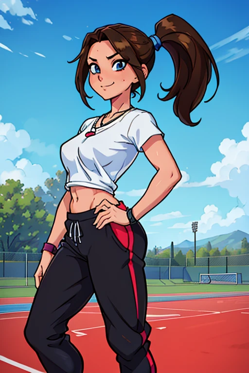 Masterpiece, high resolution, high quality, intricate details, anime girl, full body portrait, front view, 36 year old woman, attractive woman, mature face, mature beauty, brown hair, short ponytail, blue eyes, athletic body, medium breasts, curvy hips, arrogant smile, ((Wearing: White Gym T-shirt, Black Gym sweat pants, whistle necklace and black tennis shoes)), standing, hands on hips, looking at viewer, (Background: outdoors, middle school track field, blue sky, clouds in the sky),
