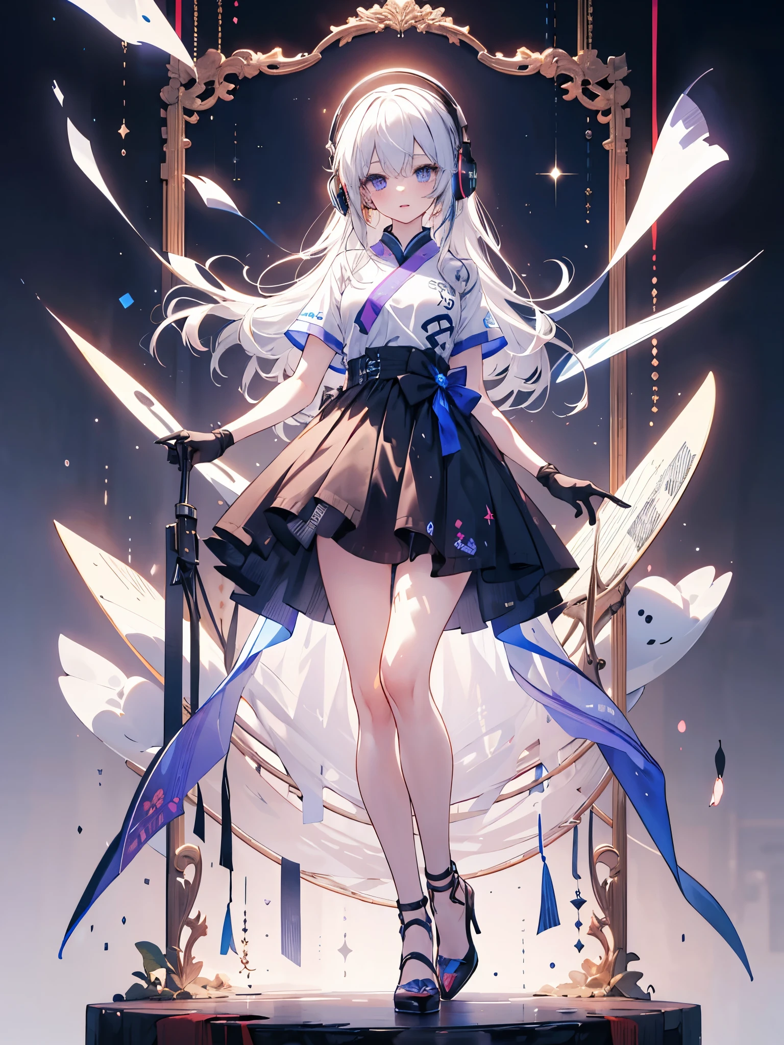 earphone，Headset，Sportswear，Long hair，Girl，blue eyes，White头发，Sleeved gloves，Hand Silk，White，High heel，good quality, absurd, Super detailed, holographic,, Dynamic poses, Golden Ratio, 超级Lovely女孩, Mature girl, extremely beautiful,，With super beautiful purple eyes, Super beautiful white hair, Glowing skin,, Good and harmonious , Slender and delicate figure, Perfect body, 穿着White短上衣, Lovely，Full body shot，Long hair，shoes，Black skirt, Short sleeve, Black gloves,,Fade the background,Full body photo of the individual,cartoon，t-shirt，Eyes with highlights，Leg ring