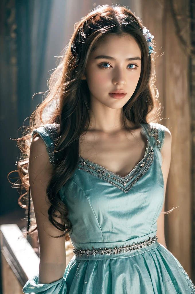 ( masterpiece, top quality, best quality,8k,17 years old girl,ultra detailed,raw photo:1.5),(photorealistic:1.4),(cinematic lighting), PerfectNwsjMajic, , Surrealism, UHD, ccurate, Super detail, textured skin, High detail, Best quality, dynamic angle, (high nose,White skin),[Beautiful blue eyes],[flat chest:large breasts:0.5],(1girl),(good anatomy:0.5)), of a woman in a dress with a sword, a beautiful fantasy empress, ((a beautiful fantasy empress)), beautiful fantasy maiden