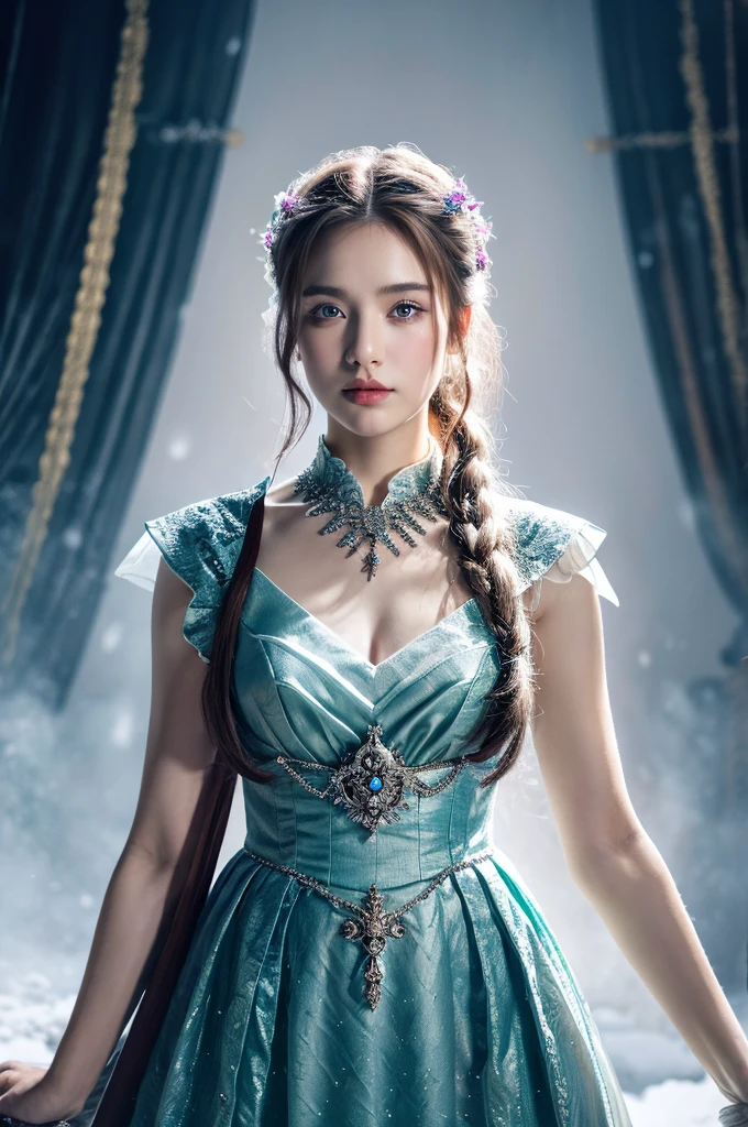 ( masterpiece, top quality, best quality,8k,17 years old girl,ultra detailed,raw photo:1.5),(photorealistic:1.4),(cinematic lighting), PerfectNwsjMajic, , Surrealism, UHD, ccurate, Super detail, textured skin, High detail, Best quality, dynamic angle, (high nose,White skin),[Beautiful blue eyes],[flat chest:large breasts:0.5],(1girl),(good anatomy:0.5)), of a woman in a dress with a sword, a beautiful fantasy empress, ((a beautiful fantasy empress)), beautiful fantasy maiden,snow