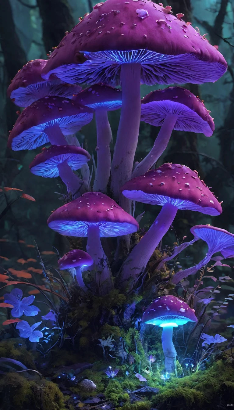 bioluminescent mushrooms, , Details of glowing mushrooms, Bright purple color, Ultra-realistic lighting, Super detailed mushrooms, Realistic design, Complex Components, enchanted magical forest setting, Covered with moss的肢体, Covered with moss, Mechanical gears, Ethereal atmosphere