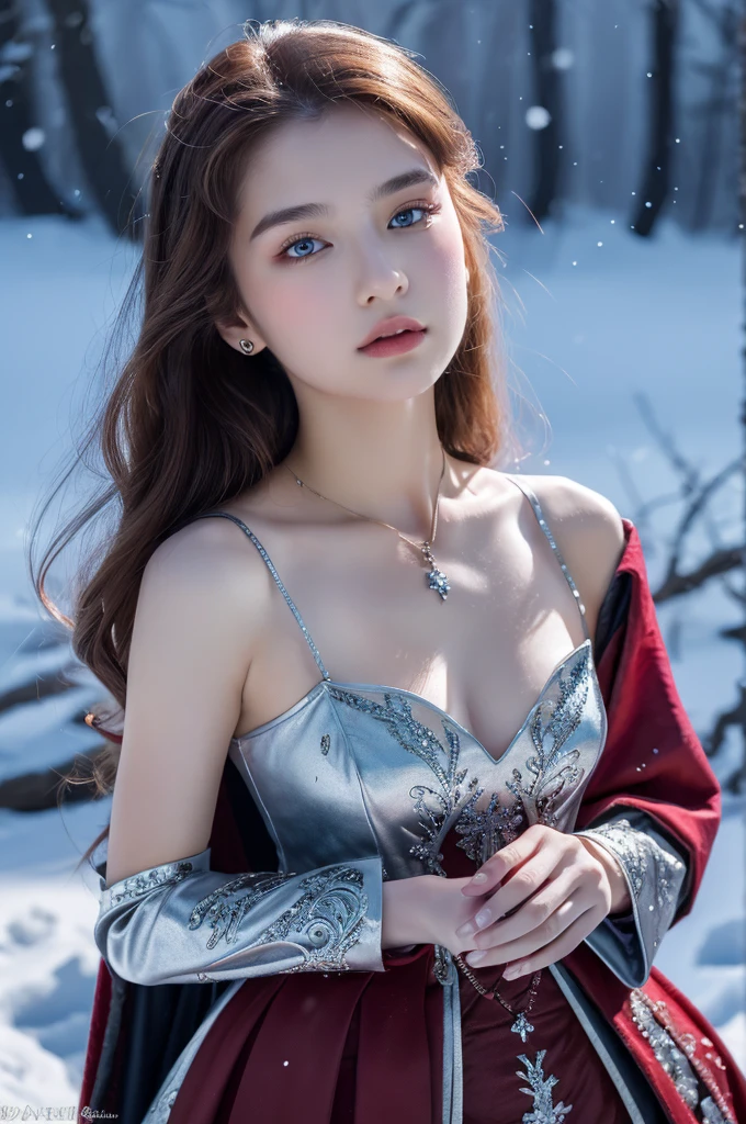 ( masterpiece, top quality, best quality,8k, girl,ultra detailed,raw photo:1.5),(photorealistic:1.4),(cinematic lighting), PerfectNwsjMajic, , Surrealism, UHD, ccurate, Super detail, textured skin, High detail, Best quality, dynamic angle, (high nose,White skin),[Beautiful blue eyes],[flat chest:large breasts:0.5],(1girl),(good anatomy:0.5)),a woman in a dress with a sword, a beautiful fantasy empress, ((a beautiful fantasy empress)), beautiful fantasy maiden,snow