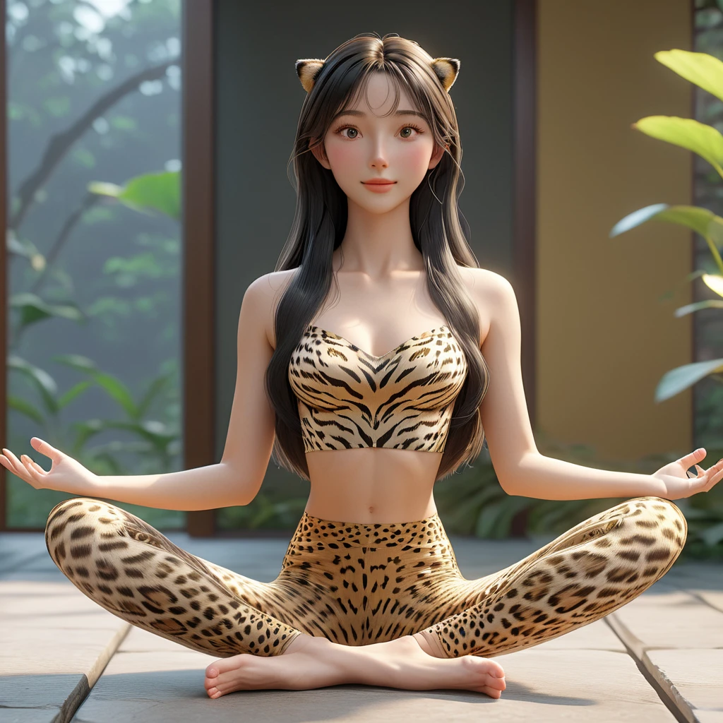 lum,(masterpiece, best quality:1.2), 1girl, solo,front view， ,realistic，3d，Unreal Engine 5，skin texture，leopard top，leopard leggings ，lotus pose