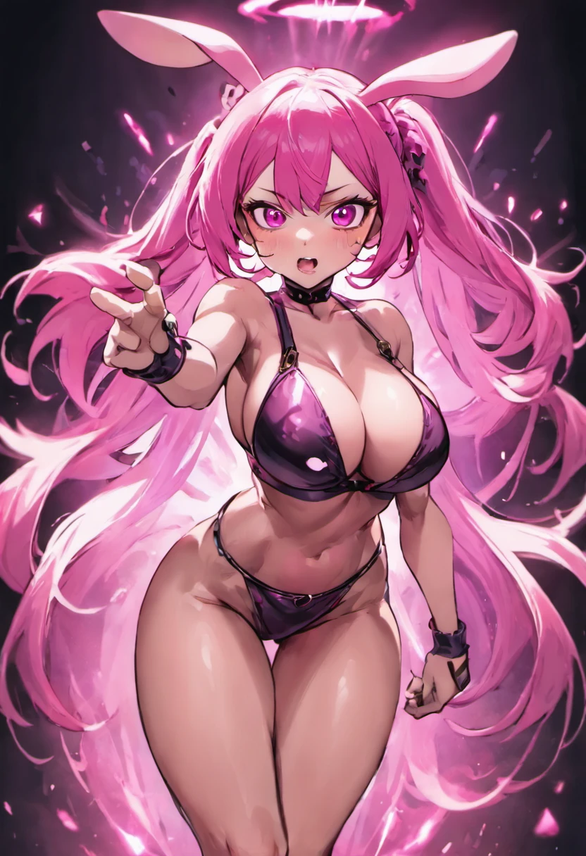 Cute sexy girl, Pink Hair, Bunny girl, Ultra-photorealism, Detailed lighting, anime big breasts, Possessed ,Huge cleavage,Strong muscles