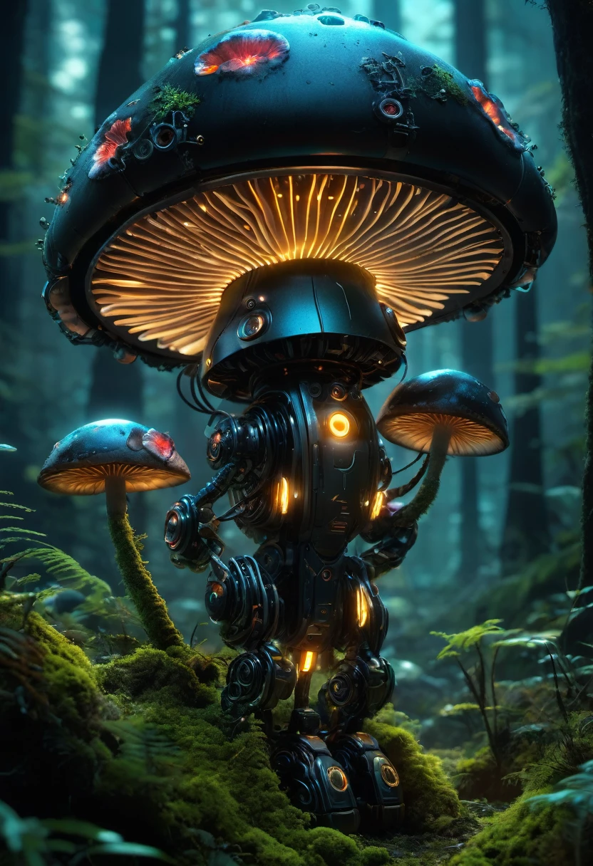 Bioluminescent Mushroom Robot, Detailed robot with glowing mushrooms, Bright black color, Hyper-realistic lighting, Super detailed mushrooms, Practical robot design, Complex components, Enchanted forest setting, Mossy limbs, Mossy appearance, Mechanical gears, Ethereal atmosphere。(best quality,high resolution,masterpiece:1.2),Super detailed,(Practical:1.37).