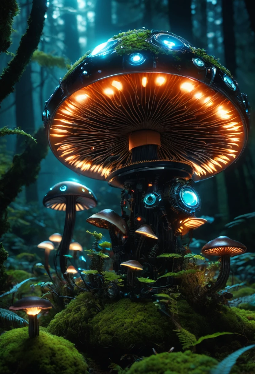 Bioluminescent Mushroom Robot, Detailed robot with glowing mushrooms, Bright black color, Hyper-realistic lighting, Super detailed mushrooms, Practical robot design, Complex components, Enchanted forest setting, Mossy limbs, Mossy appearance, Mechanical gears, Ethereal atmosphere。(best quality,high resolution,masterpiece:1.2),Super detailed,(Practical:1.37).