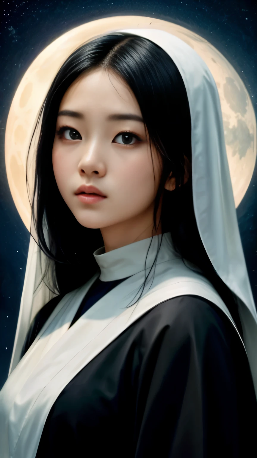 Very beautiful young nun with intricately detailed face and eyes, captivatingly portrayed in a Japanese art style. Amongst her raven-black hair and deep-blue eyes, she dons the traditional nun attire, evoking a sense of serenity and mystery. Stranded and alone, she finds herself in an otherworldly ghost town, shrouded in a tonight theme with a luminous full moon gracing the sky above. As moonlight casts an ethereal glow upon her, the halo around her head seems to shimmer, accentuating her ethereal presence. This enchanting portrait, reminiscent of a masterpiece, immerses viewers in a world of