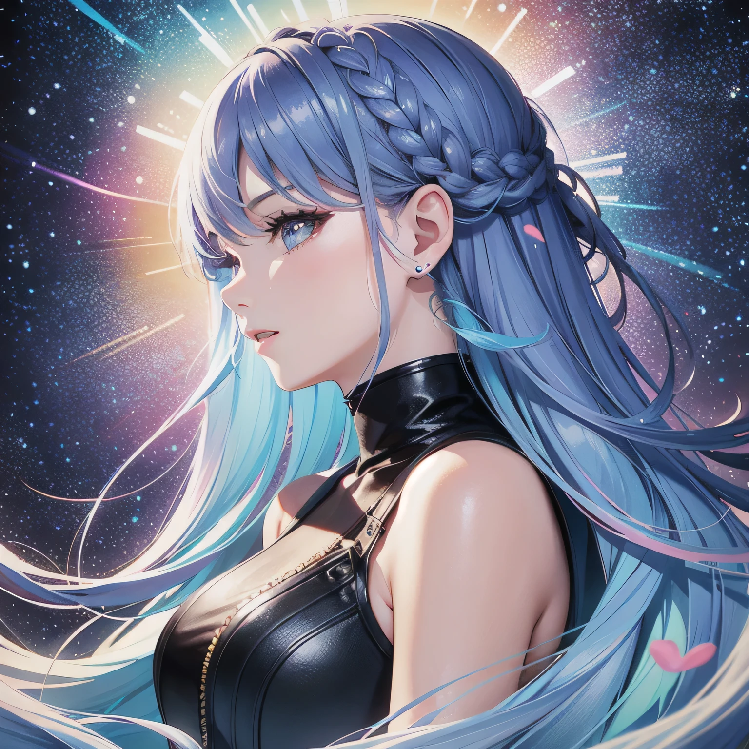 (masterpiece, highest quality, highest quality, water color (Moderate), Official Art, beauty and aesthetics: 1.2), (One girl: 1.3), (Fractal Art: 1.3), close, Viewed from the side, Looking at the audience, pattern, (Rainbow Hair, Hair Color, half blue、half pink hair: 1.2), water, liquid,