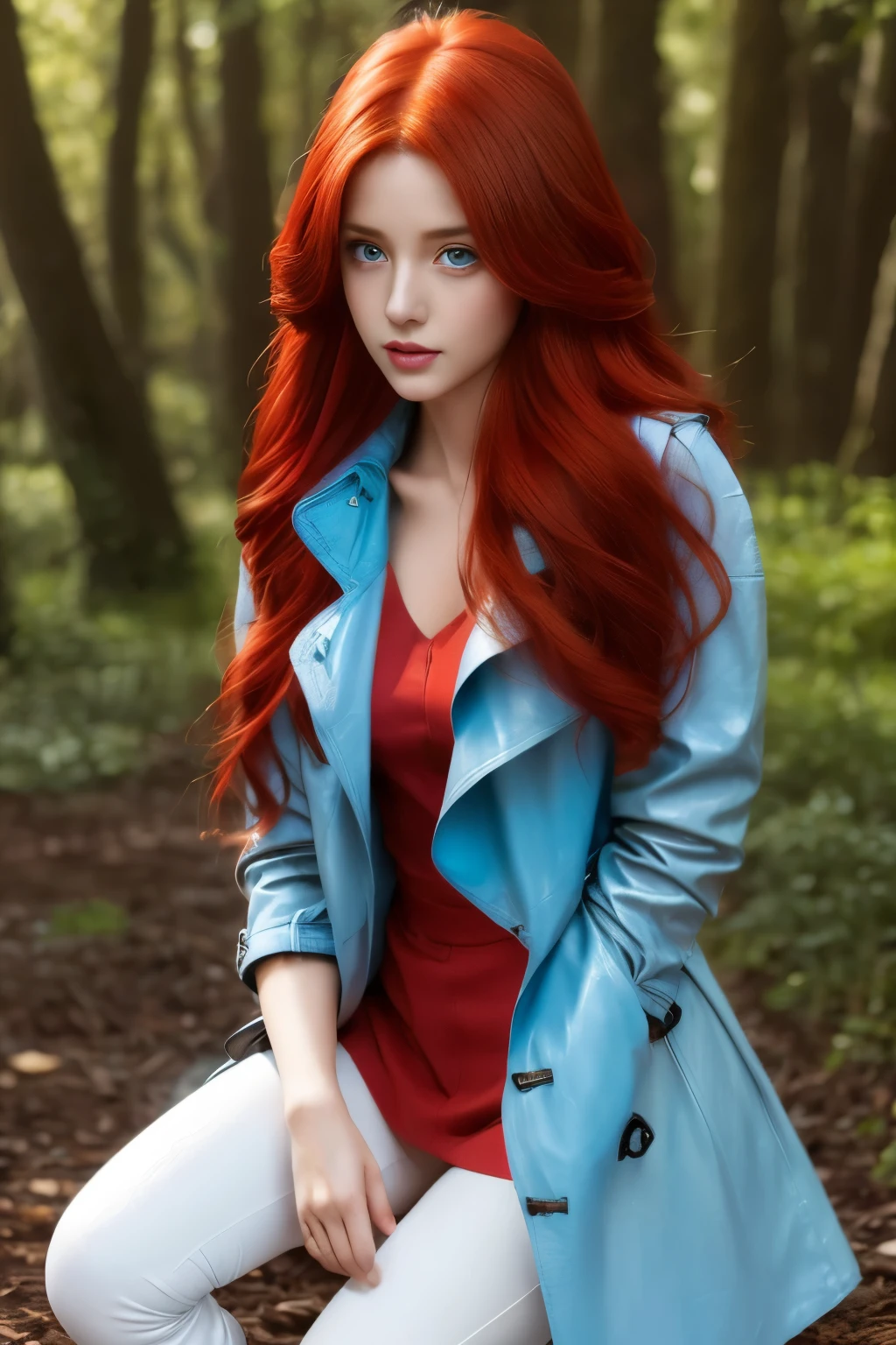 (An English girl:1.2),Oval face,(27 years old:1.5), (Mature),(mature),(Red Hair, Long hair:1.9), (breast:1.3),(Perfect lighting:1.5), (redLong hair:1.9),(Beautifully detailed ice blue eyes:1.3),(Exquisite and detailed Ice blue eyes:1.3), photo,Standing,(Forest background:1.3),(red trench coat:1.9),(Red tie),(red tie),(Black shirt:1.4), (Black high-waisted straight leg jeans :1.5), (White over-the-knee leather boots:1.4), (white over-the-knee leather boots :1.4),(masterpiece),best quality,8K resolution,close up,(Extreme HD),((Ultra-high resolution)),((Ultra HD)),((Very detailed pictures)),(Ultra HD Wallpaper),逼真的photo,High quality shadows,Highlight light and dark,Realistic lighting effects,Movie Lighting,multiple colour,8kmasterpiece,masterpiece,Key Light,acrylic paint,Portrait of a beautiful girl,42150918