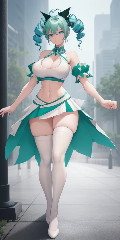 Beautiful woman,1个Giant Breast Girl,green blue haired woman,Fighting posture,white skirt,blue glove,Sports bra,jewely,shorter pants,J thighs。green blue hair,drill bit,Asymmetrical hair(work of art), (masterpiece), (best quality), a, (blue eyes), wearing transparent nothing, brightly lit night city background, red bow, flowing hair , butts , full figure head to toes , standing beside poles ,, beautiful cute smile, wearing white leather shoes, heels shoes white color, wet , pink skin, pink wet body,