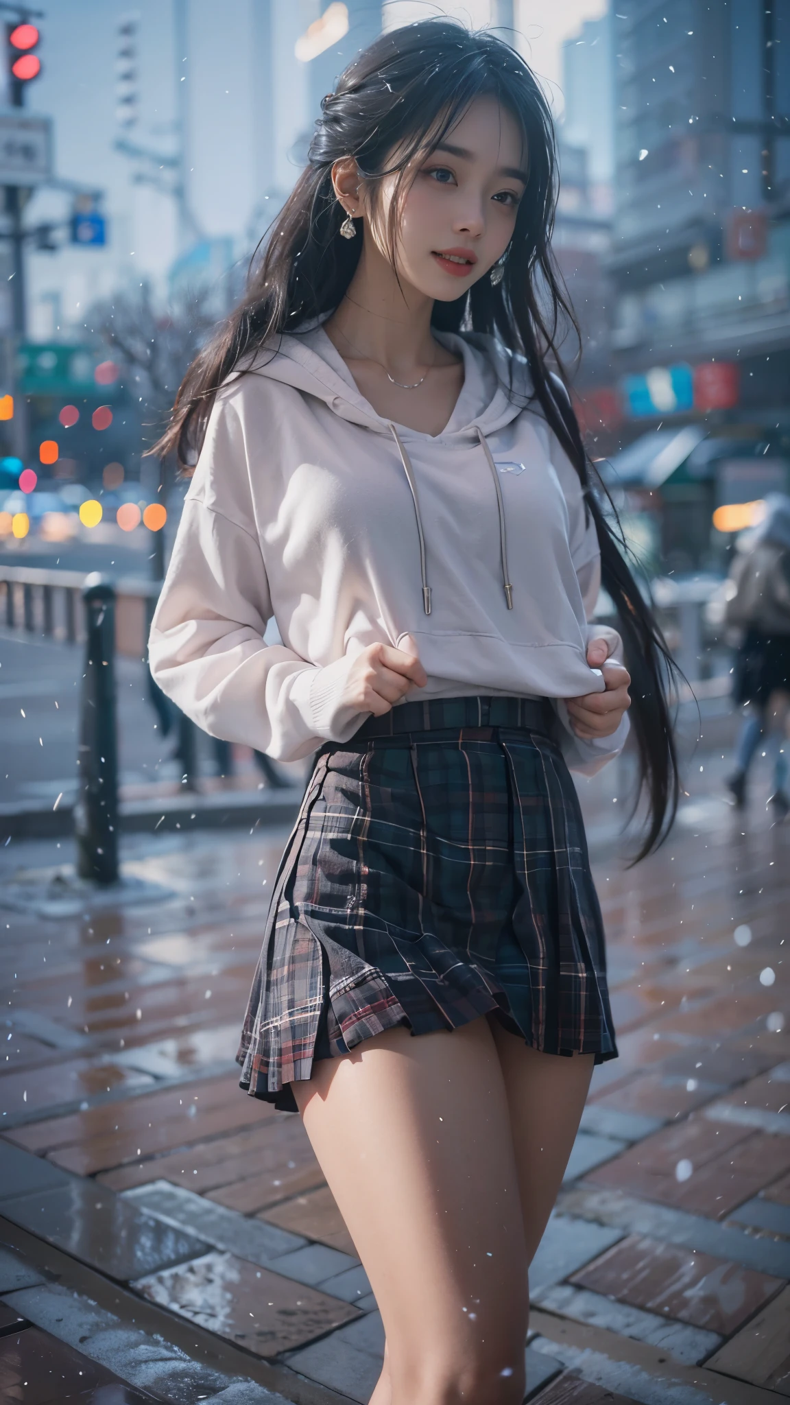 ((8K))，Film photography, 1 girl, (hoody:1.2), (short  skirt),upper legs, navel，choker necklace, ear nipple ring, Vibrant smile, middlebreast, Full body lesbian, drunk blush:1.5, Black shoulder length wavy hair, serene, chill out, (Realistic and detailed eyes, Natural skin texture, Realistic face details), Soft dramatic lighting, depth of fields, bokeh, vibrant detail, meticuloso, hyper realisitc，20yr old,((shirt lift )), (skirt lift), ( , focal), face flushed, Open your lips, view the viewer ,(Clear  eyes，Clear nose，Transparent lip skin)，Semi-body shot , Wear a hooded jacket ,(Tokyo streets ,Falling snow)，