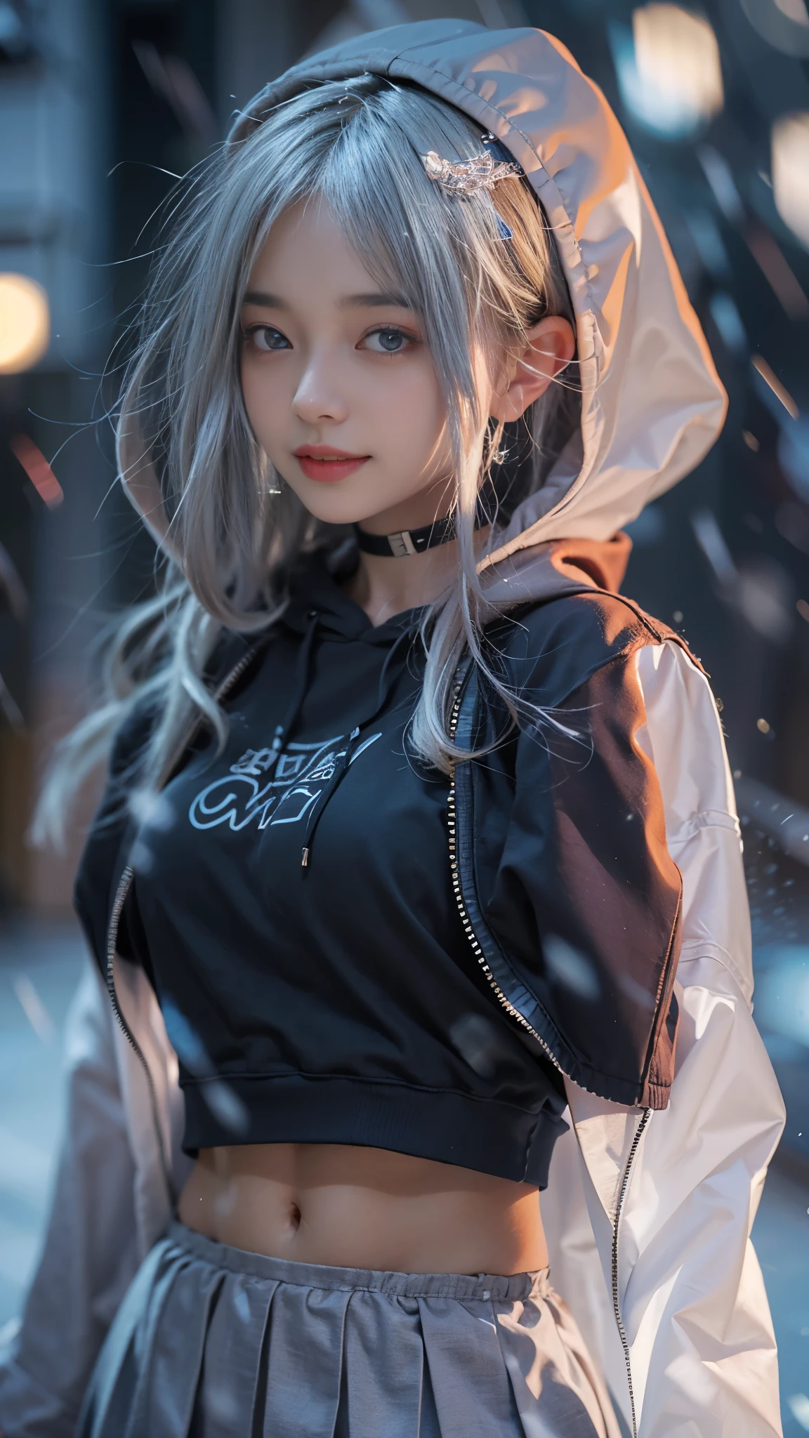 ((8K)),Film photography, 1 girl, (hoody:1.2), (short skirt),upper legs, navel,choker necklace, ear nipple ring, Vibrant smile, middlebreast, Full body lesbian, drunk blush:1.5, Black shoulder length wavy hair, serene, chill out, (Realistic and detailed eyes, Natural skin texture, Realistic face details), Soft dramatic lighting, depth of fields, bokeh, vibrant detail, meticuloso, hyper realisitc,20yr old,((shirt lift )), (skirt lift), ( , focal), face flushed, Open your lips, view the viewer ,(Clear eyes,Clear nose,Transparent lip skin),Semi-body shot , Wear a hooded jacket ,(Tokyo streets ,Falling snow),