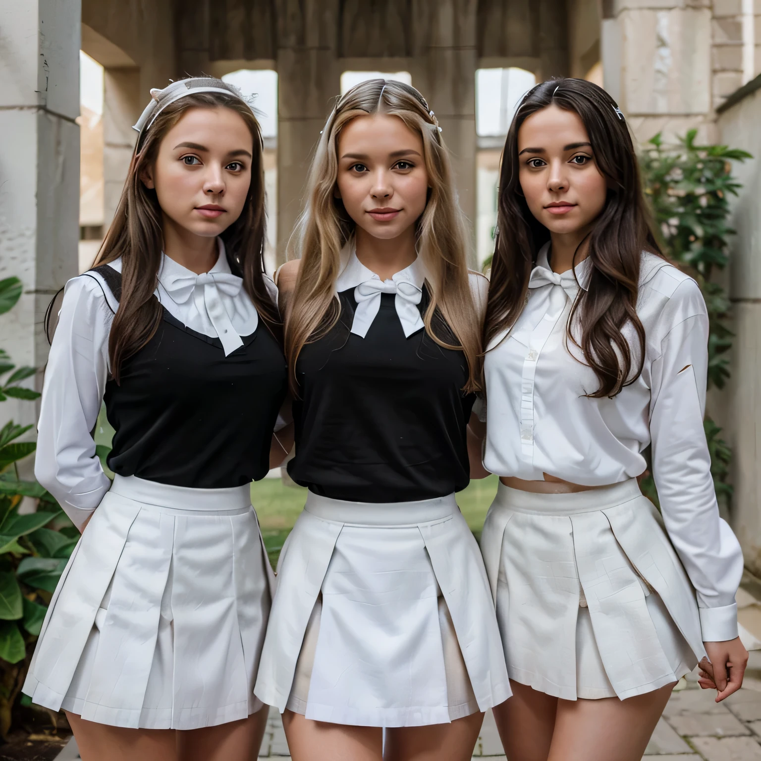 2 girls in, two girls, facing each other in a courtyard, high school uniforms, (all girls have the same uniform: 1.8), (one girl has blonde hair & another has black hair: 1.1),  (white skirt: 2), (black skirt: 1.3), (white blouse: 1.25), gray vest, white button up, knee highs, white shirt, loafers, realistic, long hair, socks, bowtie, skirt, jk bow, can see a little chest through blouse, full body, standing back, zoomed out, 50mm, Nikon, f5.2, natural light, 8k, high detailed, maximum quality,