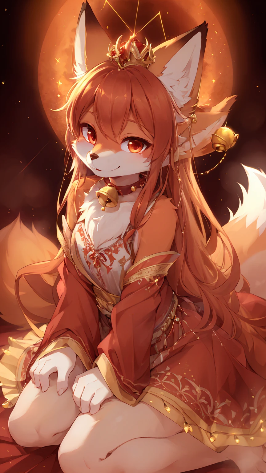 (best quality,4K,high resolution),Fluffy,White fur,Cute face,Red accents on fur,Chest,beautiful lights,Ambient Light,Extremely fine fur,Volumetric Lighting,fox,Kneel down,Smile,Watching you,fox nose，sparkles on clothes,flame，Bell on head