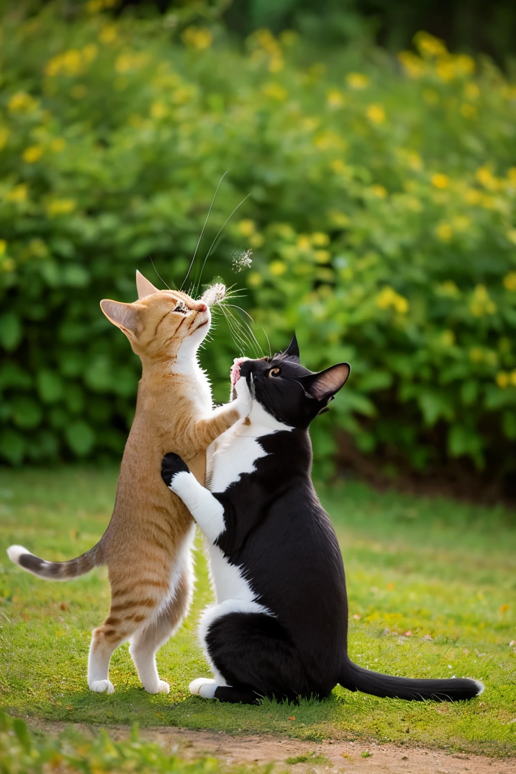 Photos that capture the bond between cats and nature。Cats playing in nature、Images of people exploring。1：Aspect Ratio of 1