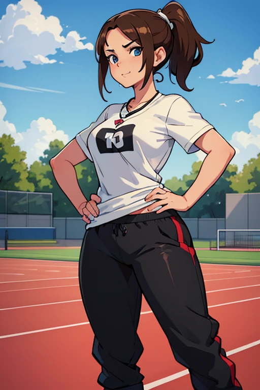 Masterpiece, high resolution, high quality, intricate details, anime girl, full body portrait, front view, 36 year old woman, attractive woman, mature face, mature beauty, brown hair, short ponytail, blue eyes, athletic body, medium breasts, curvy hips, arrogant smile, ((Wearing: White Gym T-shirt, Black Gym sweat pants, whistle necklace and black tennis shoes)), standing, hands on hips, looking at viewer, (Background: outdoors, middle school track field, blue sky, clouds in the sky),
