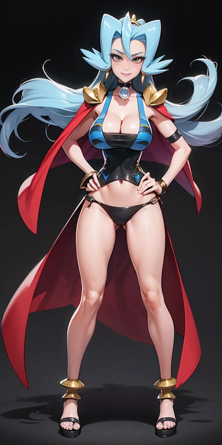 ((Clair)), pokemon, ((BLACK BACKGROUND 1:2, masterpiece)) 1solo female full body MILF BIMBO standing straight symmetrical with two long thighs and two metal sandals, red eyes like rubies, eye focus looking to the viewer, silver white hair, short bob style hair, big knockers breastplate, breastplate, cleavage, tiara royal, long cape up to two feet, yellow bikini (yellow tiger stripes), lustful smirking smiling, smile face (red blushed, red cheeks), pauldrons metal shoulders, gold sleeveless bracelets, separate sleeves, hands on waist hands OR hips, golden bracers, metal handcuffs, leather corset, red loincloth, black leather choker slave collar, shackles bracelets, slave red crest under navel, navel, big belt around waist OR hips, feet together, metal ankle, two long thighs and two metal sandals