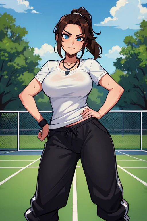 korra, dark skin, slutty tennis outfit, sitting, exposed breasts, sweaty, sweating, wet skin, nsfw, black eyes, ponytail, visor, collared shirt, miniskirt, large breasts, blushing, slutty smile, tennis court setting, nipples, pussy,
