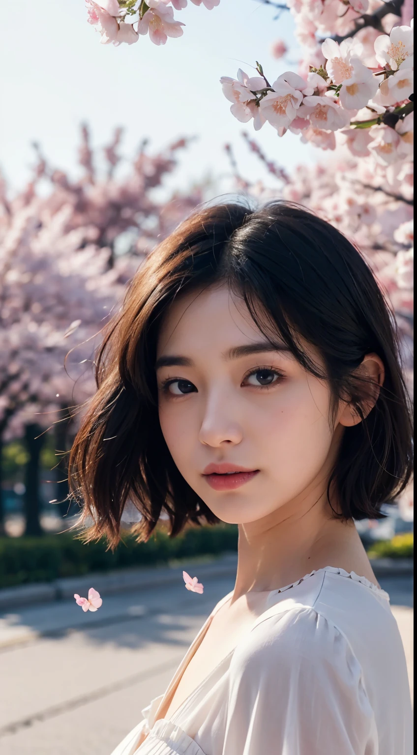 (logo、masterpiece、8k、Tabletop、RAW Photos、wonderful、最high quality、Photorealistic and Very detailed CG integrated 8k wallpaper、high quality、Very detailed、Narrative poem、Particle Effects、Dynamic Effects、Written boundary depth、Cinematic Light、Lens flare、Ray Tracing)、Fantasy、 (One beautiful woman、dress、dress、Cherry blossom pattern、Black-haired、Beautiful Face、True Face、Beautiful details、eye、Beautiful Skin)、私の髪はWindに舞う、Hair flutters in Wind、Hair bounces、Pink cherry blossom tree、Petals fluttering、SakuraFubuki、wonderful scenery、sunrise、Sun in the background、Wind
