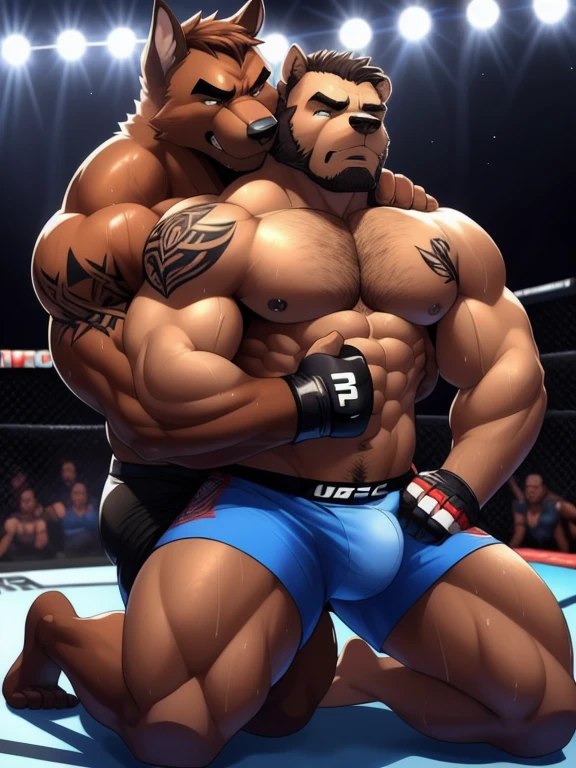 Duo male fighters(Brown Dog vs Brown Dog, handsomes, perfect eyes, Thick eyebrows), beso gay(Cuddling kneeling embraced from behind and forearm squeezing the neck, in a UFC match), hot(Full body, shirtless), handsomes(They are handsomes, correct anatomy), musculosos(Big muscle bodies, Six packs, muscle abs, big pecs, muscle legs, muscle backs), sweaty(very sweaty wet bodies), tatuajes(they have tattoos), Angry(They have an angry expression), UFC gloves(They both are wearing UFC gloves), Boxers(They are wearing Black boxers, big bulges), Hight resolution, Black background