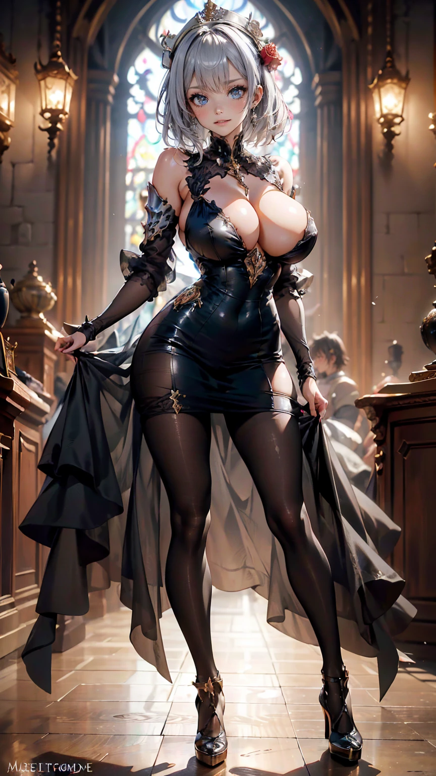 ((masterpiece, high resolution, best quality, best details, anime)), jewelry, beautiful sexy woman in a black sexy evening dress, ((sexy evening dress)), ((black pantyhose)), light green eyes, silver hair, short hair, smooth skin, cleavage, ((extremely slutty)), ((full body)), platform high heels, (pumps), noelle gi,noelledef, curvy body, (medieval setting, medieval europe, medieval castle), smile, shoulders exposed, breakdomain, anime