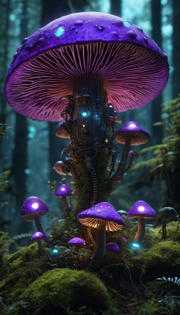 Bioluminescent Mushroom Robot, Details of glowing mushrooms, Bright purple color, Hyper-realistic lighting, Super detailed mushrooms, Practical robot design, Complex components, Enchanted forest setting, Mossy limbs, Mossy appearance, Mechanical gears, Ethereal atmosphere。(best quality,high resolution,masterpiece:1.2),Super detailed,(Practical:1.37).