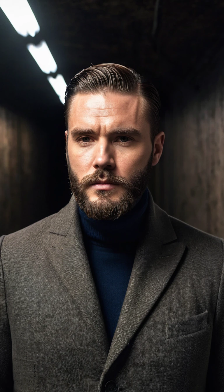 a close up of a man with a beard and a suit, liam, wearing turtleneck, wearing a turtleneck and jacket, masculine jawline, short slicked - back hair, handsome man, angular jawline, sharp jawline with a light beard, slicked-back hair, well defined jawline, short beard with background a dimly lit hallway with two lights above the floor, dark hallway, underground facility, entrance to a dark tunnel, dark train tunnel entrance, dark underground, an empty liminal space, dark hallways, in a dark futuristic room, liminal space hallway, long dark hallway, the scary empty liminal spaces, walks down dark hallway