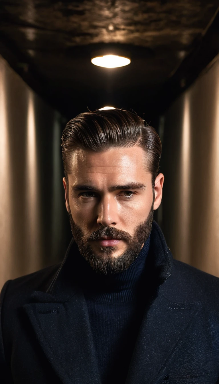 a close up of a man with a beard and a suit, liam, wearing turtleneck, wearing a turtleneck and jacket, masculine jawline, short slicked - back hair, handsome man, angular jawline, sharp jawline with a light beard, slicked-back hair, well defined jawline, short beard with background a dimly lit hallway with two lights above the floor, dark hallway, underground facility, entrance to a dark tunnel, dark train tunnel entrance, dark underground, an empty liminal space, dark hallways, in a dark futuristic room, liminal space hallway, long dark hallway, the scary empty liminal spaces, walks down dark hallway