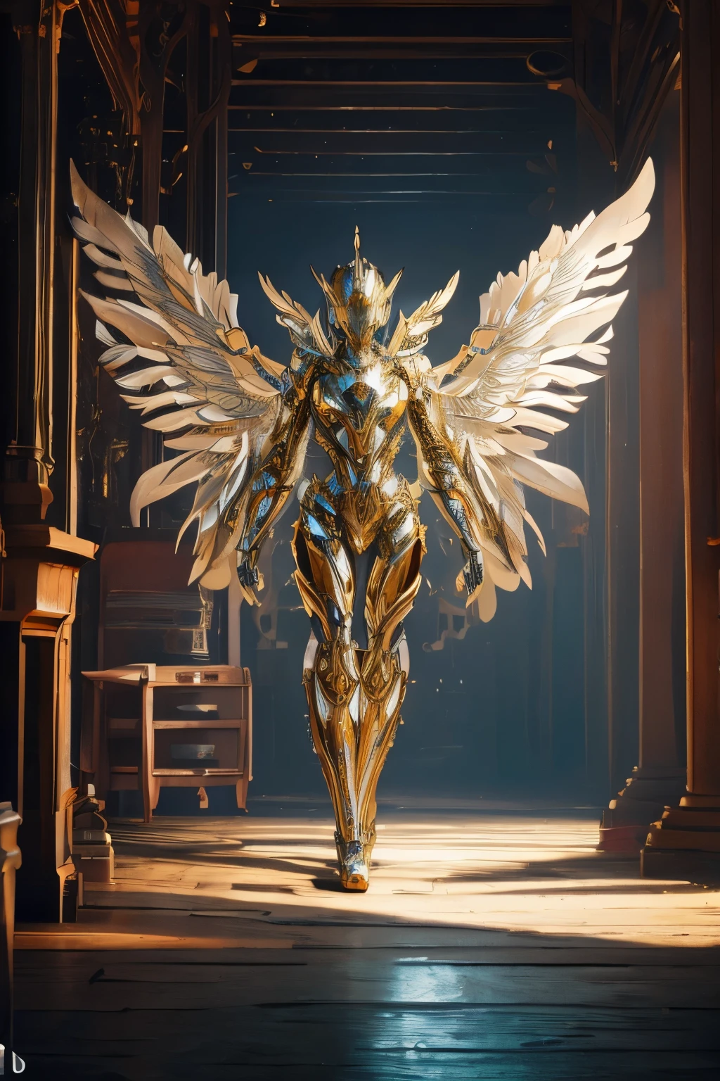 An ethereal being of metallic celestial grace a majestic robotic archangel stands with its wings spread wide each intricate detail of its mechanical form glinting in the soft light a marvel of technological divinity