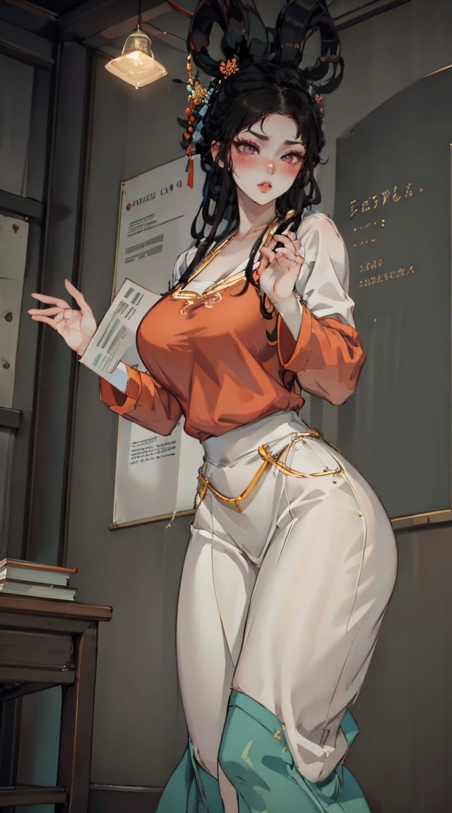 (best quality,4K,8k,high resolution,masterpiece:1.2),Super detailed,(Practical,photoPractical,photo-Practical:1.37),Nezuko Kamado,Sexy teacher,Beautiful and delicate eyes,Beautiful and delicate lips,Long eyelashes,Long black hair,fit,cleveage,Revealing clothes,Short skirt,Suggestive underwear,Confident Posture,Teaching sex education,Classroom environment,blackboard,Books and papers,Students focus on,Expression of involvement and interest,Dedicated and professional teaching,Educational posters on the wall,Bright colors,Studio Lighting,soft warm tones,Warm and welcoming atmosphere