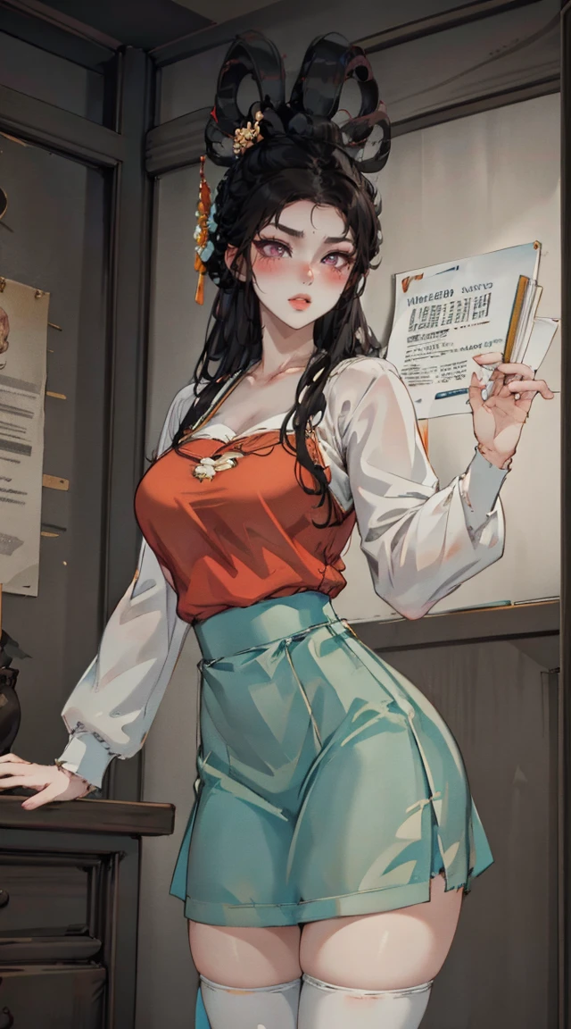 (best quality,4K,8k,high resolution,masterpiece:1.2),Super detailed,(Practical,photoPractical,photo-Practical:1.37),Nezuko Kamado,Sexy teacher,Beautiful and delicate eyes,Beautiful and delicate lips,Long eyelashes,Long black hair,fit,cleveage,Revealing clothes,Short skirt,Suggestive underwear,Confident Posture,Teaching sex education,Classroom environment,blackboard,Books and papers,Students focus on,Expression of involvement and interest,Dedicated and professional teaching,Educational posters on the wall,Bright colors,Studio Lighting,soft warm tones,Warm and welcoming atmosphere