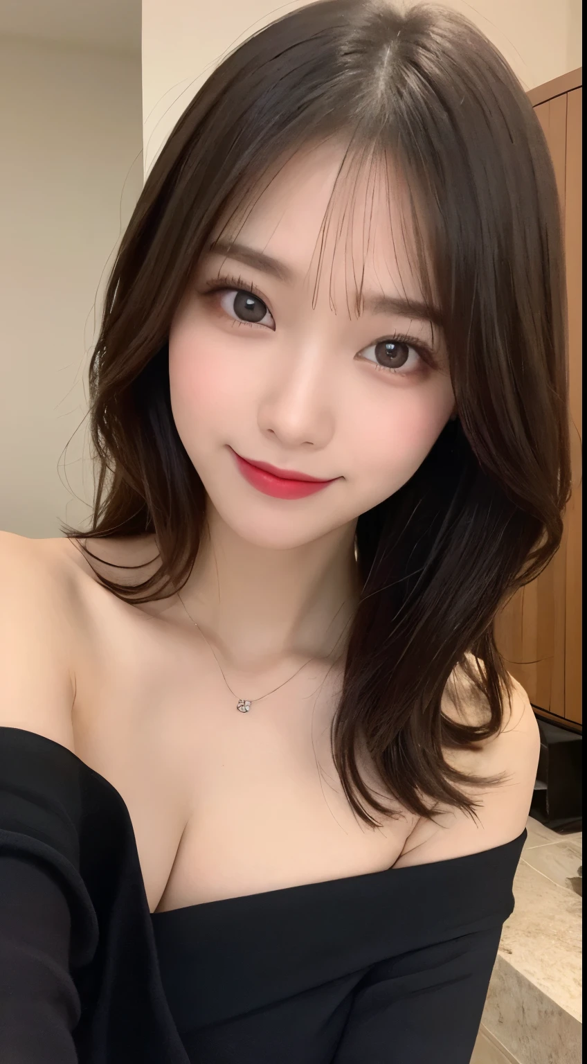 Tabletop, highest quality, shape, Very detailed, finely, High resolution, 8k wallpaper, 完璧なダイナミックな構shape, Beautiful and detailed, Small breasts, Natural color lip, Random sexy poses,smile、20-year-old girl、Midnight、Beautiful and dense face、Perfect and beautiful face,Big eyes、Actual Photos（Best image quality）,Off-the-shoulder dress（Long sleeve blouse）、Looking at the camera、Please stand、Putting on gal makeup