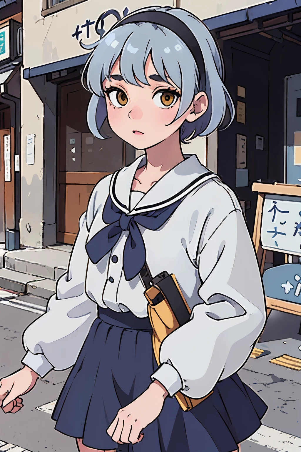 close up, cute  Japanese girl, cute face, short blue hair with gray hairband, yellow eyes, wearing white school girl blouse, blue and black skirt with pattern, background busy streets of japan, 4k image