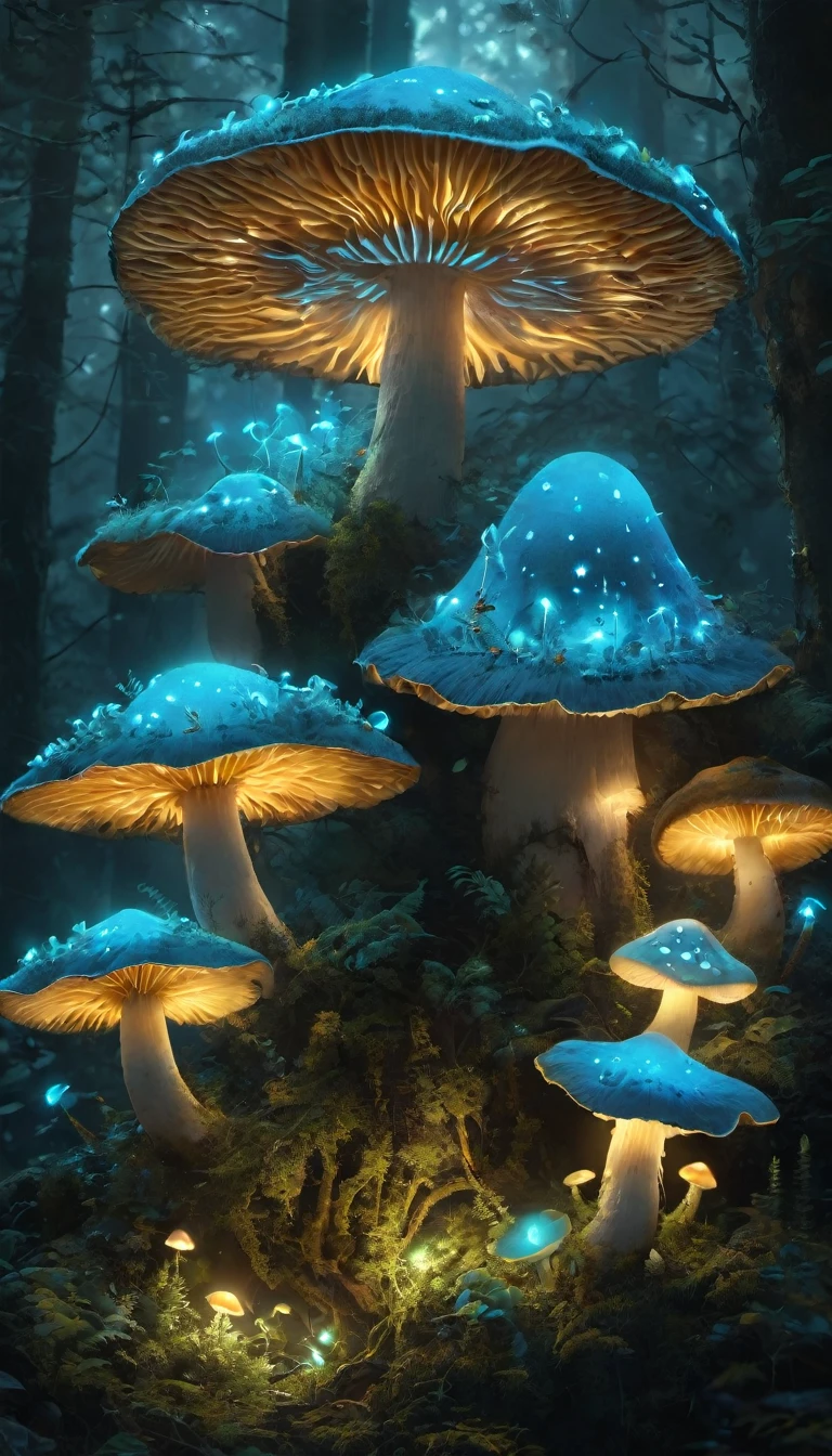 bioluminescent mushrooms, , Details of glowing mushrooms, Bright gold color, Ultra-realistic lighting, Super detailed mushrooms, Realistic design, Complex Components, enchanted magical forest setting, Covered with moss的肢体, Covered with moss, Mechanical gears, Ethereal atmosphere