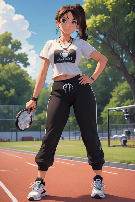 Masterpiece, high resolution, high quality, intricate details, anime girl, full body portrait, front view, 36 year old woman, attractive woman, mature face, mature beauty, brown hair, short ponytail, blue eyes, athletic body, medium breasts, curvy hips, arrogant smile, ((Wearing: White Gym T-shirt, Black Gym sweat pants, whistle necklace and black tennis shoes)), standing, hands on hips, looking at viewer, (Background: outdoors, middle school track field, blue sky, clouds in the sky),
