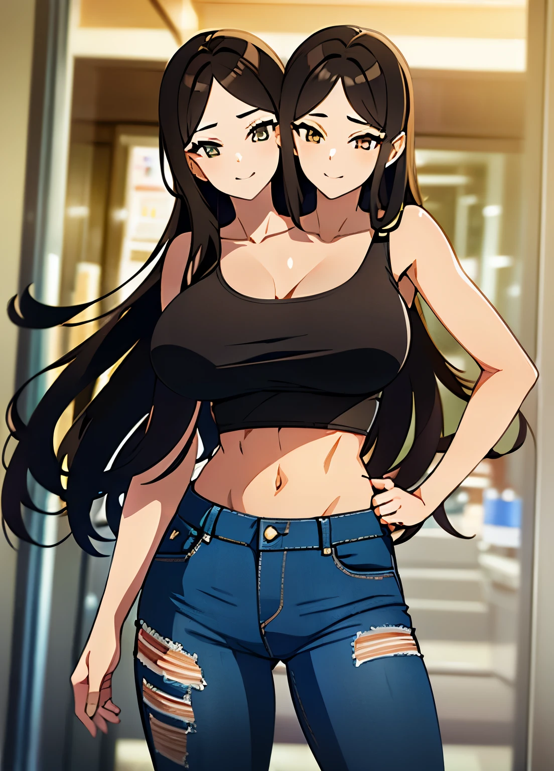 (masterpiece),(ultra-detailed), (high quality), (high resolution), (best quality:1.5, highres, UHD), highres, absurdo, ultra detail, ultra quality, Ultra resolution, 16k, 1girl, (2heads:1.5), girl with two heads, ((black hair)), ((light brown hair)), ((different hair colors)) smiling, (tattered denim jeans), casual dress, sexy proportions, (exposed midriff), thighs, Beautiful girl with accentuated slender abs, ((fighting posture)), black tank top, ((different hairstyles))