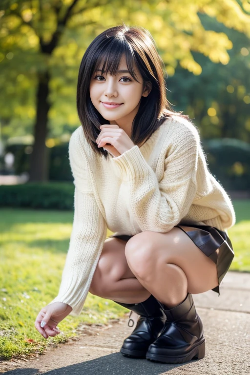 highest quality, masterpiece, Ultra-high resolution, (Realistic:1.4), RAW Photos, Very detailed, Perfect Anatomy,
One girl, 20-year-old, Most popular Japanese idols, Front view, Squatting in the park, Leg details, smile, View your viewers,
(Black pleated skirt, Cute knit sweater design, Brown knee-high boots),
Very beautiful thighs, Very beautiful legs, Very beautiful and perfect body, Very beautiful medium breasts, Very cute face, Stunningly beautiful big round black eyes, Very beautiful black hair, Very beautiful white skin、Detailed thighs, Beautiful legs in every detail, Beautiful Bangs、hair between eyes