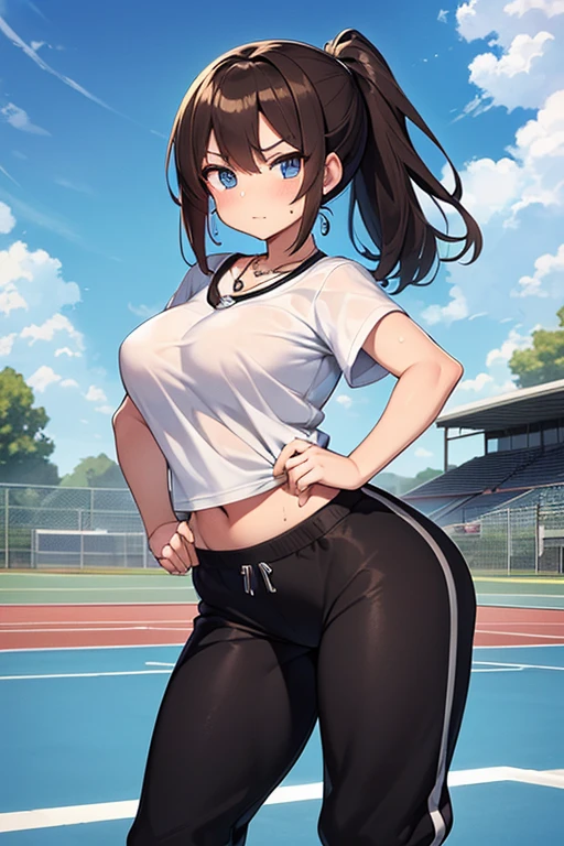 Masterpiece, high resolution, high quality, intricate details, anime girl, full body portrait, front view, 36 year old woman, attractive woman, mature face, mature beauty, brown hair, short ponytail, blue eyes, athletic body, medium breasts, curvy hips, arrogant smile, ((Wearing: White Gym T-shirt, Black Gym sweat pants, whistle necklace and black tennis shoes)), standing, hands on hips, looking at viewer, (Background: outdoors, ****** school track field, blue sky, clouds in the sky),
