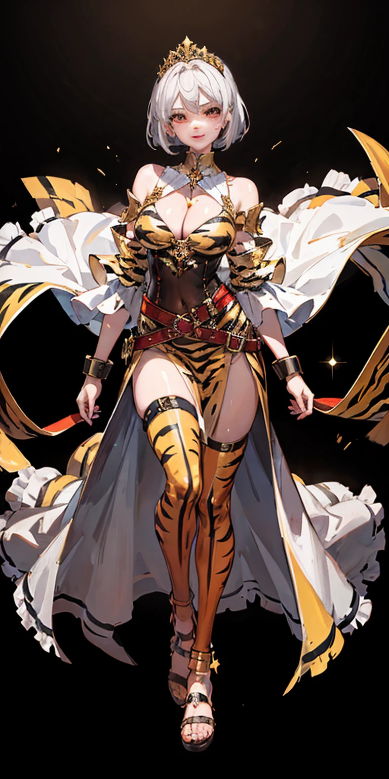 ((BLACK BACKGROUND 1:2, masterpiece)) 1solo female full body MILF BIMBO standing straight symmetrical with two long thighs and two metal sandals, red eyes like rubies, eye focus looking to the viewer, silver white hair, short bob style hair, big knockers breastplate, breastplate, cleavage, tiara royal, long cape up to two feet, yellow bikini (yellow tiger stripes), lustful smirking smiling, smile face (red blushed, red cheeks), pauldrons metal shoulders, gold sleeveless bracelets, separate sleeves, hands on waist hands OR hips, golden bracers, metal handcuffs, leather corset, red loincloth, black leather choker slave collar, shackles bracelets, slave red crest under navel, navel, big belt around waist OR hips, feet together, metal ankle, two long thighs and two metal sandals
