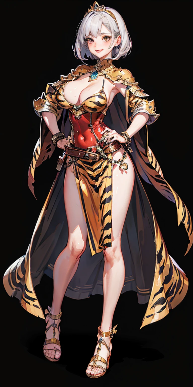 ((BLACK BACKGROUND 1:2, masterpiece)) 1solo female full body MILF BIMBO standing straight symmetrical with two long thighs and two metal sandals, red eyes like rubies, eye focus looking to the viewer, silver white hair, short bob style hair, big knockers breastplate, breastplate, cleavage, tiara royal, long cape up to two feet, yellow bikini (yellow tiger stripes), lustful smirking smiling, smile face (red blushed, red cheeks), pauldrons metal shoulders, gold sleeveless bracelets, separate sleeves, hands on waist hands OR hips, golden bracers, metal handcuffs, leather corset, red loincloth, black leather choker slave collar, shackles bracelets, slave red crest under navel, navel, big belt around waist OR hips, feet together, metal ankle, two long thighs and two metal sandals