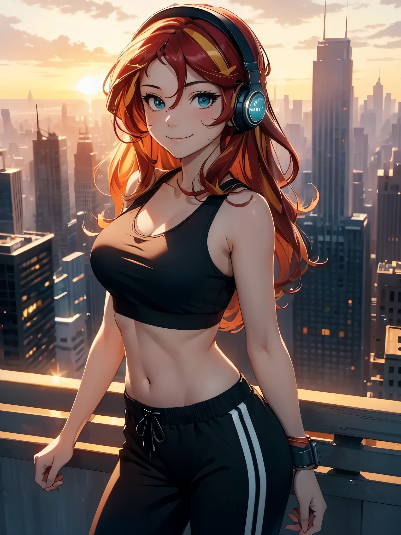 (masterpiece, best quality:1.2), cowboy shot, solo, 1girl, sunset shimmer, smile, looking at viewer, headphones, tank top, black track pants, cityscape scenery