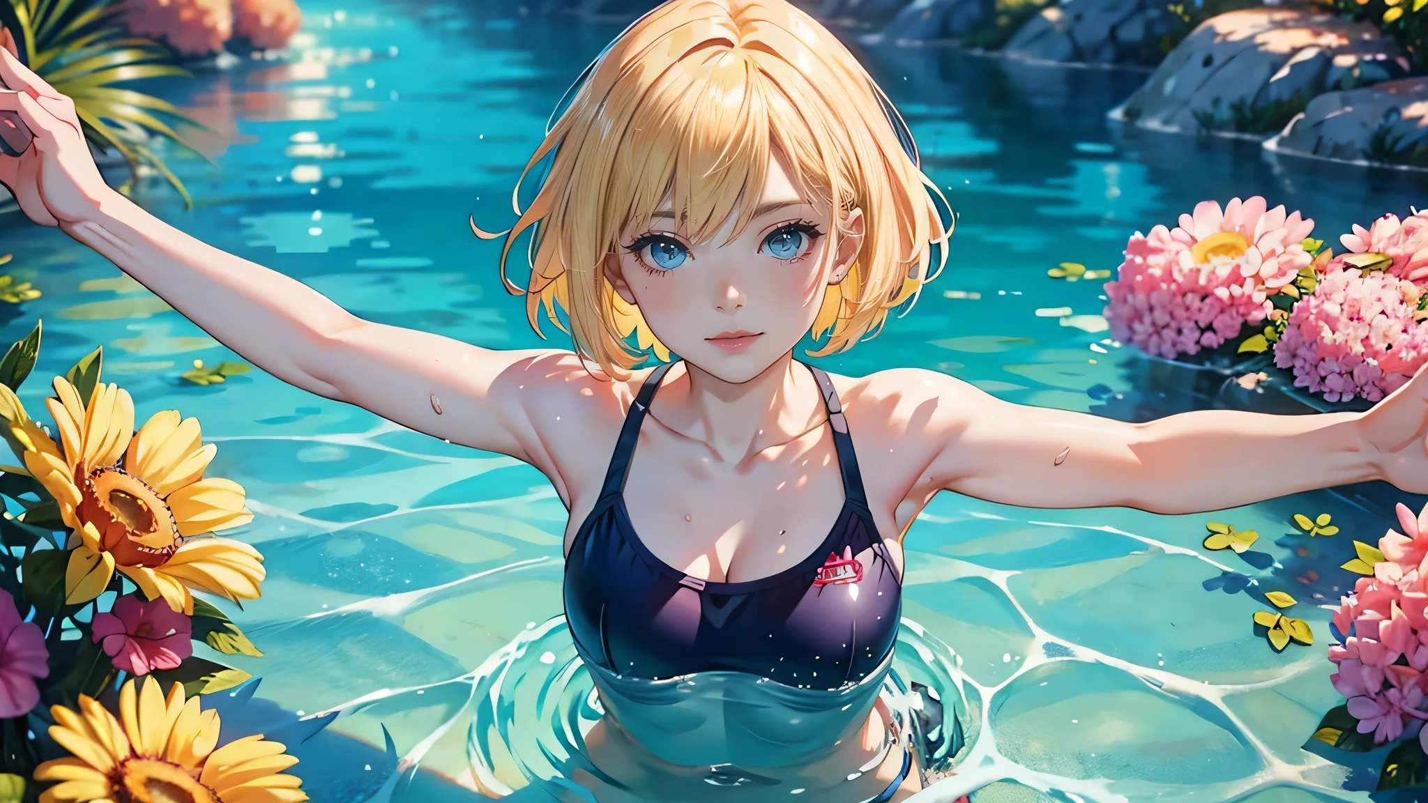 (RAW photo:1.2, photorealistic:1.3), masterpiece:1.4, best quality:1.3, Highest details:1.3, beautiful and aesthetic, extremely detailed CG unity 8k wallpaper,( vibrant colors:1.1), high resolution, see-through white high school swimwear, one-piece swimwear, anime visual of a cute girl, official character art, anime girl, official art, single character full body, anime full body illustration, full body portrait of a short!, female anime character, as an anime character, a-1 pictures, full body with costume, rei hiroe, anime best girl, blond bob hair, on the midday outdoor poolside, dynamic pose, dancing, smile,