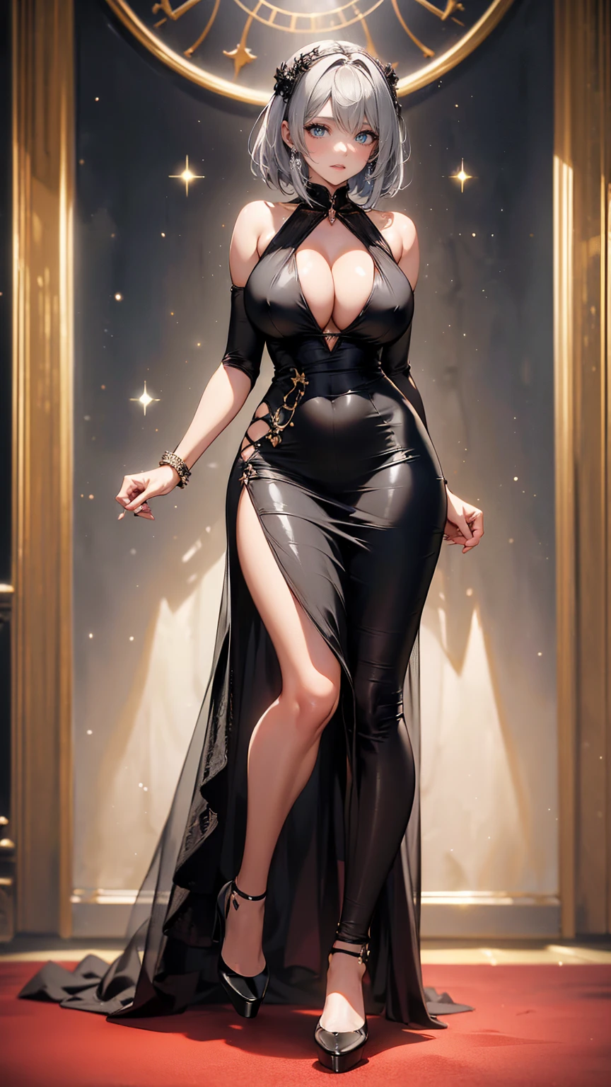 ((masterpiece, high resolution, best quality, best details, anime)), jewelry, beautiful sexy woman in a black sexy evening dress, ((sexy evening dress)), ((black pantyhose)), light green eyes, silver hair, short hair, smooth skin, cleavage, ((extremely slutty)), ((full body)), platform high heels, (pumps), noelle gi,noelledef, curvy body, (medieval setting, medieval europe, medieval castle), smile, shoulders exposed, breakdomain, anime