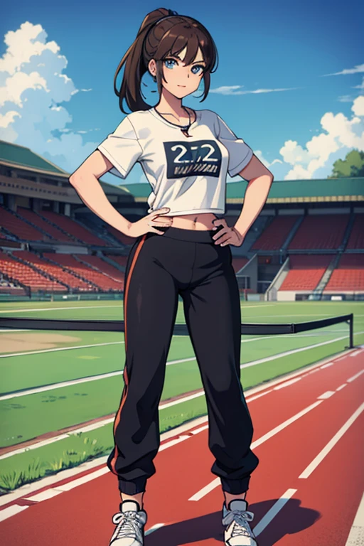 Masterpiece, high resolution, high quality, intricate details, anime girl, full body portrait, front view, 36 year old woman, attractive woman, mature face, mature beauty, brown hair, short ponytail, blue eyes, athletic body, medium breasts, curvy hips, arrogant smile, ((Wearing: White Gym T-shirt, Black Gym sweat pants, whistle necklace and black tennis shoes)), standing, hands on hips, looking at viewer, (Background: outdoors, school track field, blue sky, clouds in the sky),