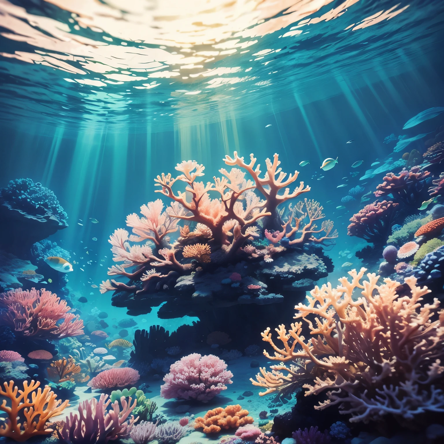 Design an underwater coral reef scene with vibrant colors and patterns. Include tropical fish, sea anemones, and other marine life swimming amidst the coral accordingly in an aesthetic and artistic sense. 