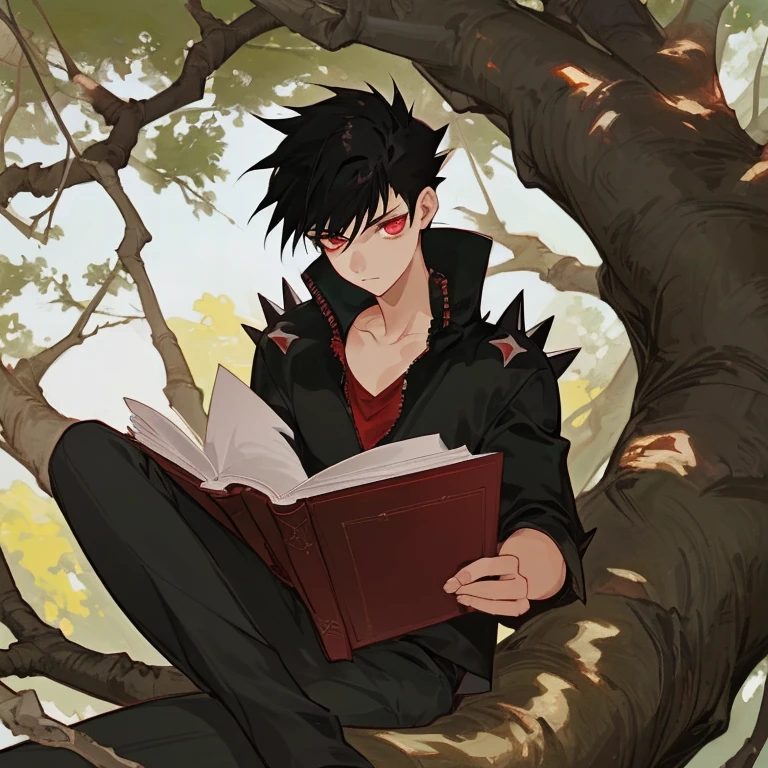 A boy with spiky black hair with his carmine eyes and a calm look reading a book in a tree