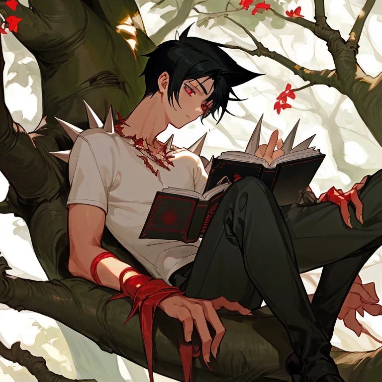 A boy with spiky black hair with his carmine eyes and a calm look reading a book in a tree