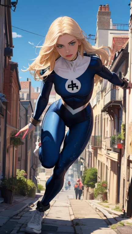 (Highly quality, masterpiece, detailed), city detailed scenario, city detailed background, 1girl, tied on St. Andrew's cross, with cuffs, Susan Storm in X position, blue eyes, blonde hair, full body blue bodysuit, sleeves, perfect face, beautiful eyes, looking at the viewer