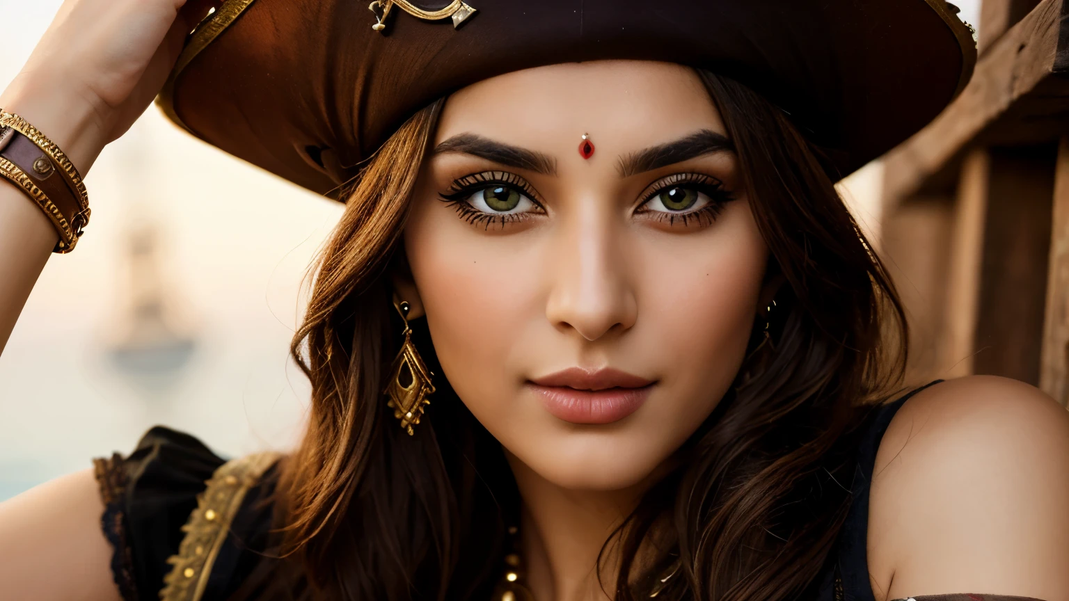 (beautiful and detailed eyes), (highest quality), (Super detailed), (masterpiece), (detailed face),An Pakistani woman wearing hat is holding a watch, big breasts with bra, female Pirate Captain, swashbuckler class pirate, pirate portrait, pirate woman王, attractive seductive woman,