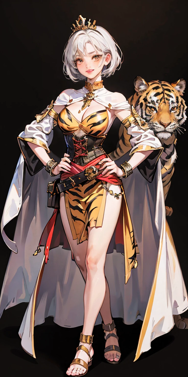 ((BLACK BACKGROUND 1:2, masterpiece)) 1solo female full body MILF BIMBO standing straight symmetrical with two long thighs and two metal sandals, red eyes like rubies, eye focus looking to the viewer, silver white hair, short bob style hair, big knockers breastplate, breastplate, cleavage, tiara royal, long cape up to two feet, yellow bikini (yellow tiger stripes), lustful smirking smiling, smile face (red blushed, red cheeks), pauldrons metal shoulders, gold sleeveless bracelets, separate sleeves, hands on waist hands OR hips, golden bracers, metal handcuffs, leather corset, red loincloth, black leather choker slave collar, shackles bracelets, slave red crest under navel, navel, big belt around waist OR hips, feet together, metal ankle, two long thighs and two metal sandals